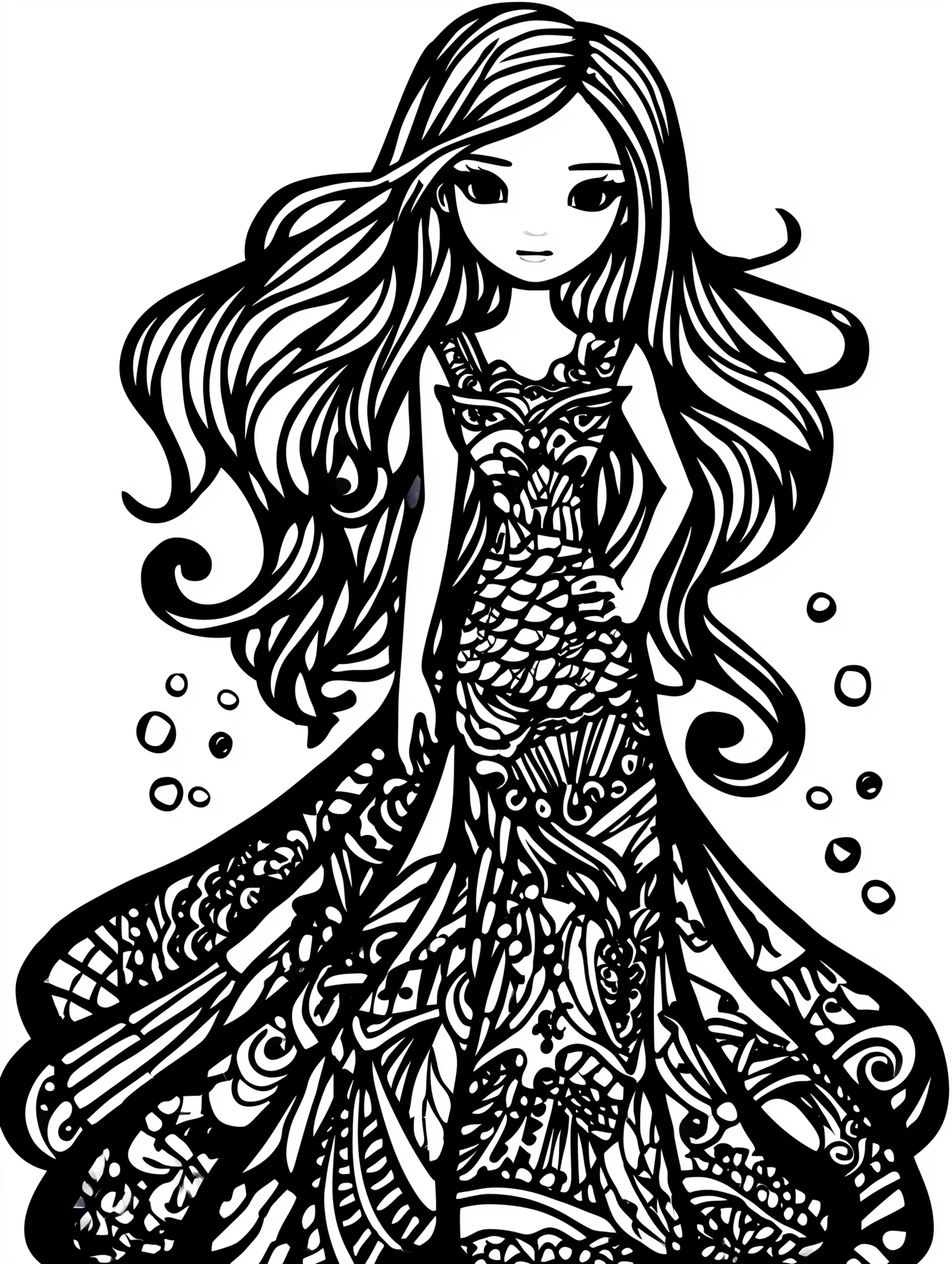 Free printable dress coloring page for adults featuring a model wearing a mermaid-style dress